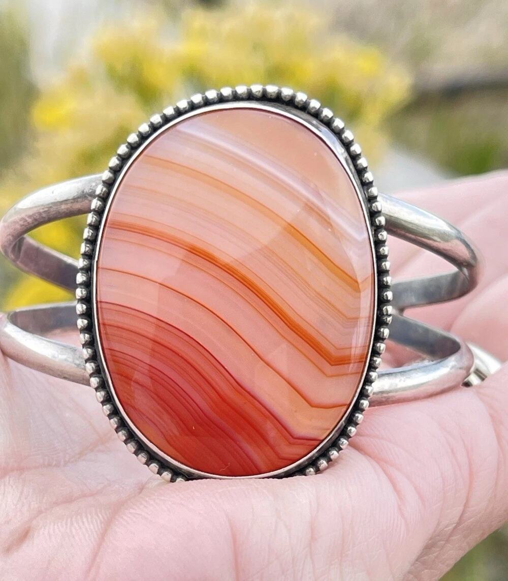Vintage Navajo Artist Signed Orange Banded Agate Sterling Silver Cuff Bracelet